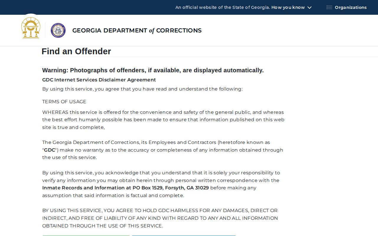 Georgia Department of Corrections offender search form for state custody