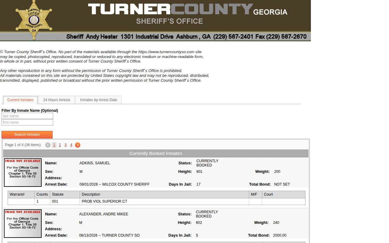 Turner County current custody search interface for booking records