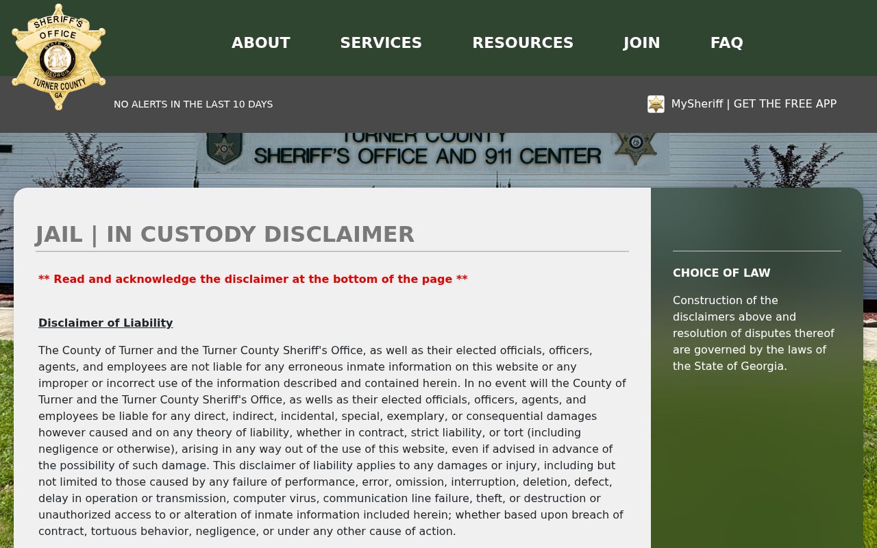 Turner County official jail roster gateway for booking and custody records