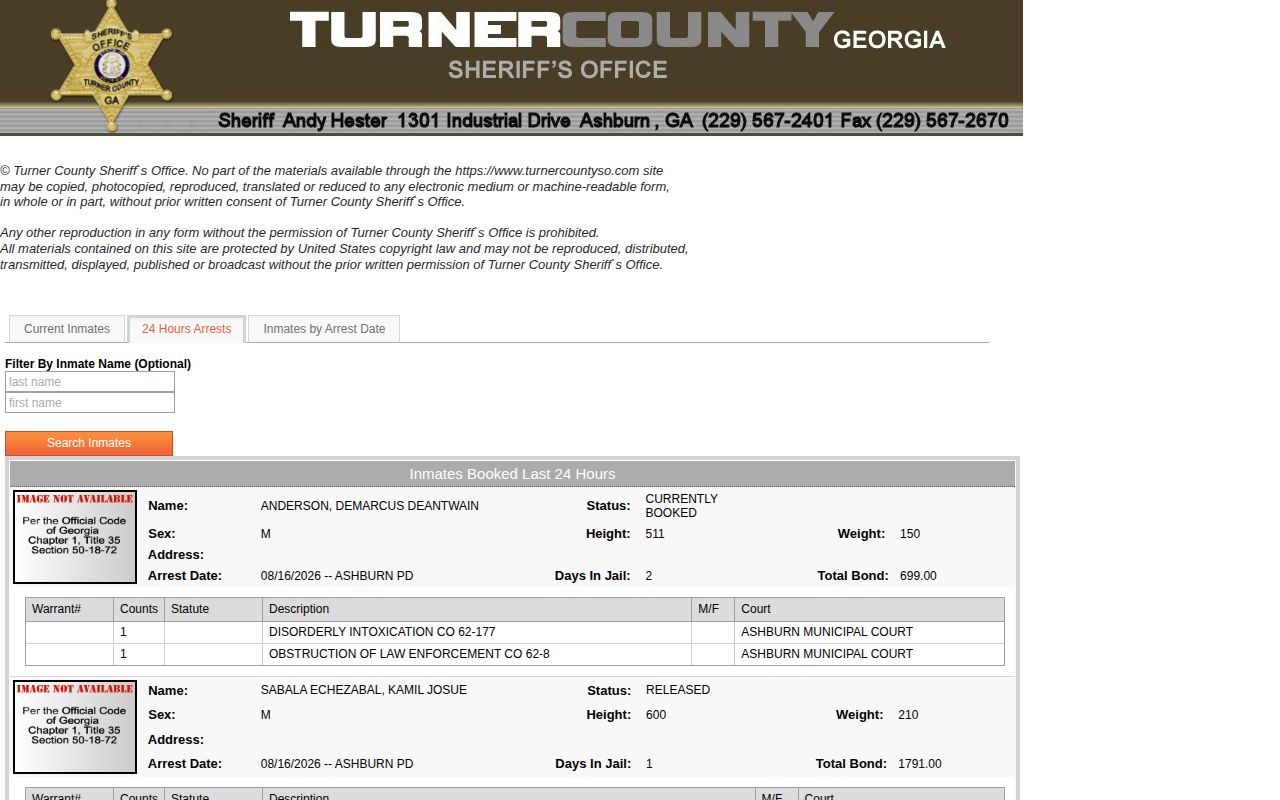 Turner County rolling 24-hour booking feed interface